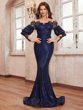 Giffniseti Women's Long Sleeve Sequined Lace Floral Elegant Mermaid Evening Dress For Prom